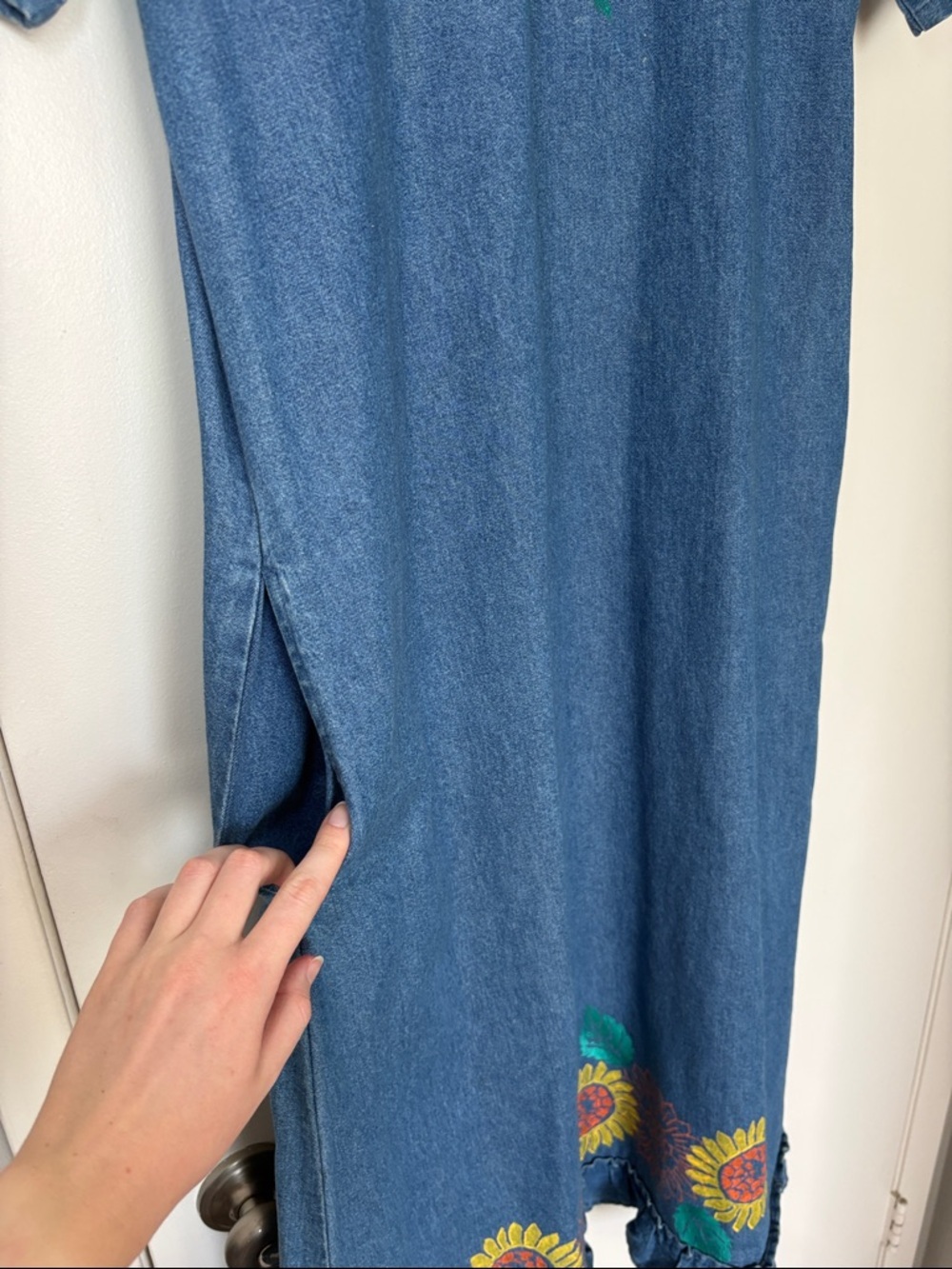 VINTAGE Denim Sunflower Floral Cotton Midi Dress Small - Picture 5 of 7